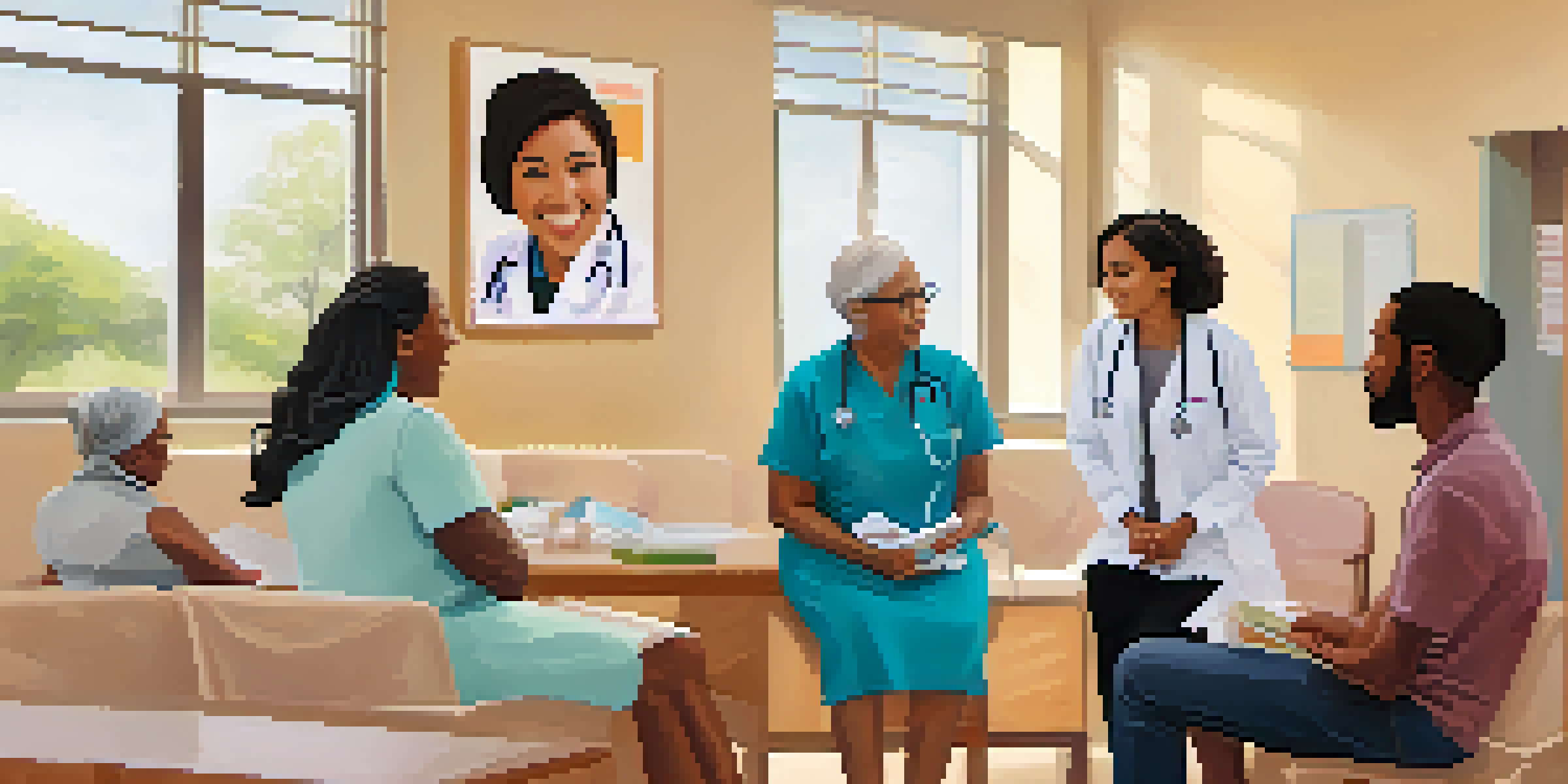 A diverse group of healthcare professionals talking to a family in a bright clinic, emphasizing inclusivity and trust.
