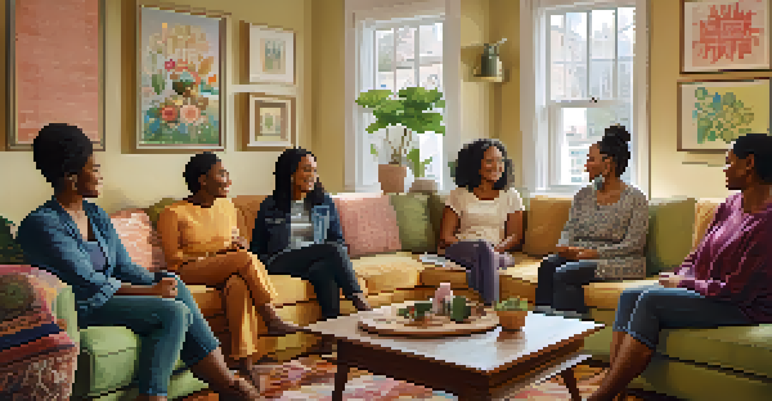 A diverse group of women in a cozy living room, discussing reproductive health and supporting each other.