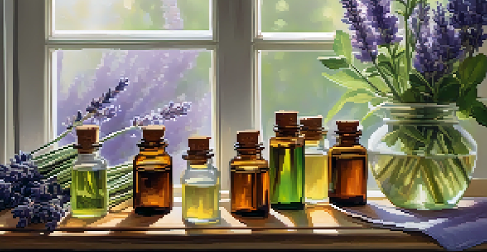 A wooden table with essential oil bottles, a diffuser, and lavender flowers, illuminated by soft morning light.