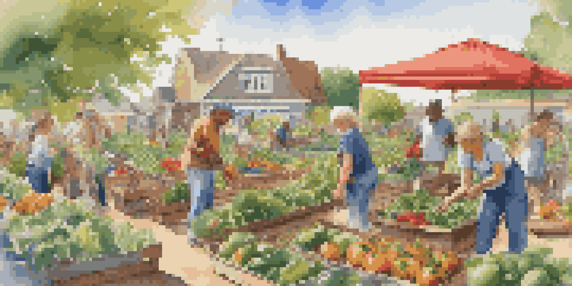 A lively community garden with people planting and harvesting fresh vegetables and fruits under a sunny sky.