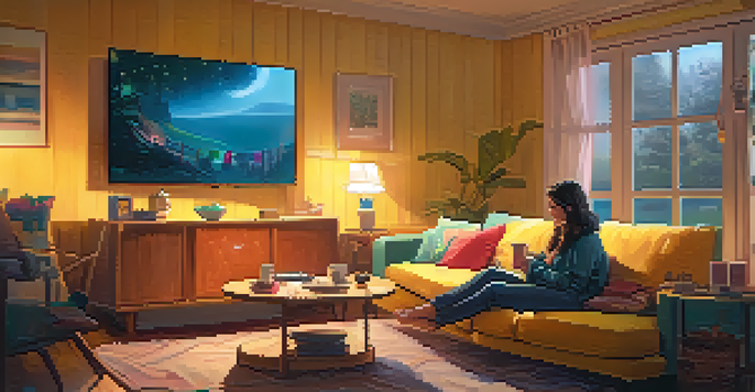 A person laughing while watching a funny movie in a cozy, warmly lit living room filled with colorful cushions and decorations.