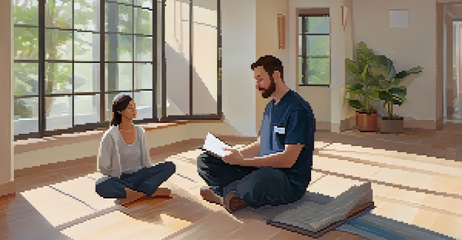 A crisis worker guiding an individual through mindfulness practices in a tranquil room, promoting calmness and self-reflection.