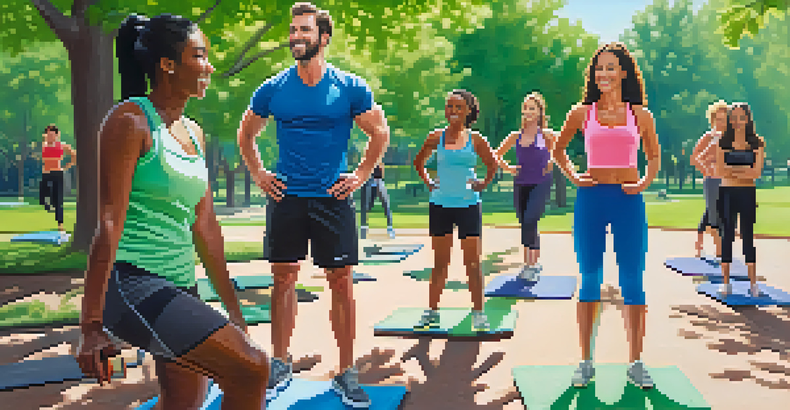A health coach leading a diverse group in a fitness class in a sunny park, promoting a sense of community and wellness.