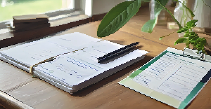 A close-up view of an organized vaccination record folder with cards and documents on a wooden table, illuminated by soft natural light.