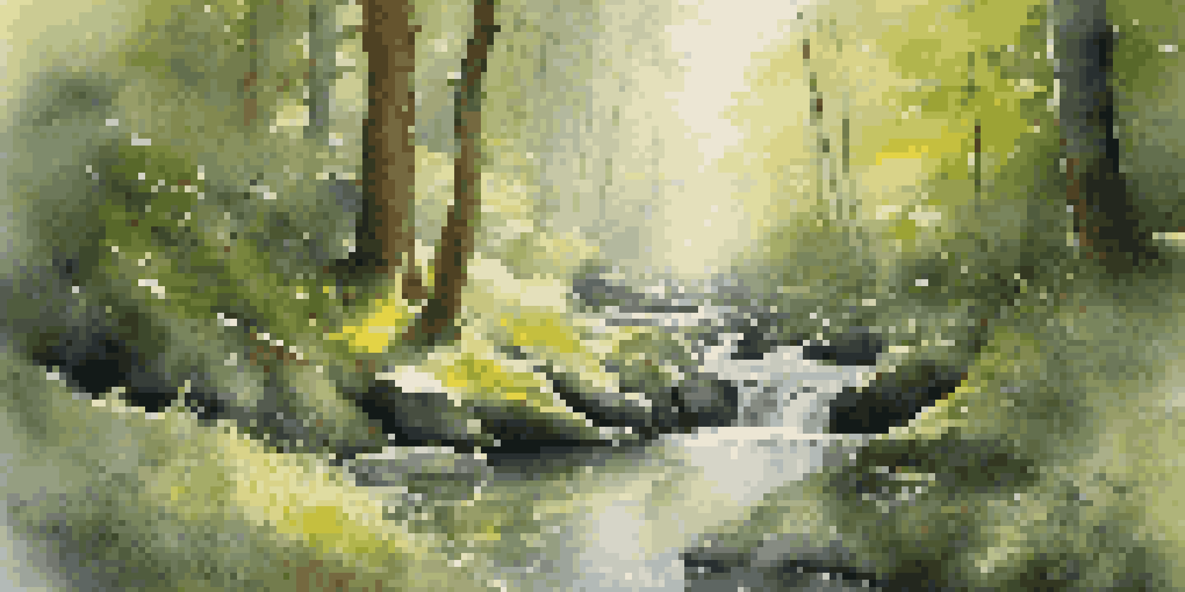A peaceful forest scene with a person meditating by a stream, surrounded by trees and wildflowers.