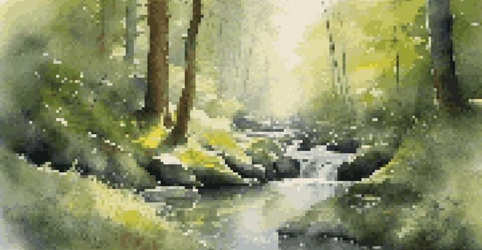A peaceful forest scene with a person meditating by a stream, surrounded by trees and wildflowers.