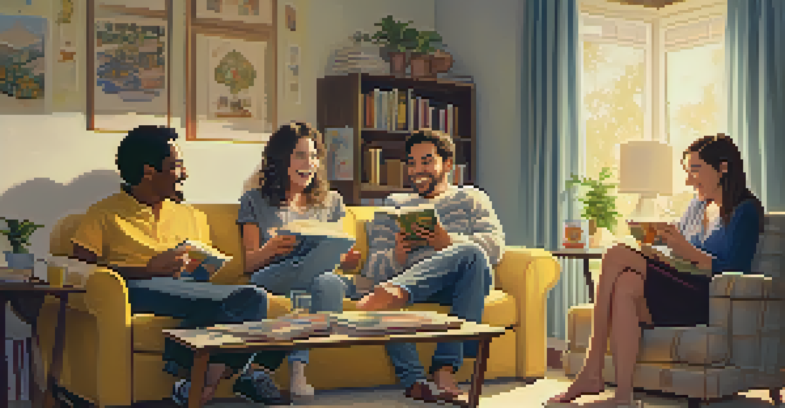 A group of friends laughing together in a cozy living room, sharing funny stories and enjoying each other's company.