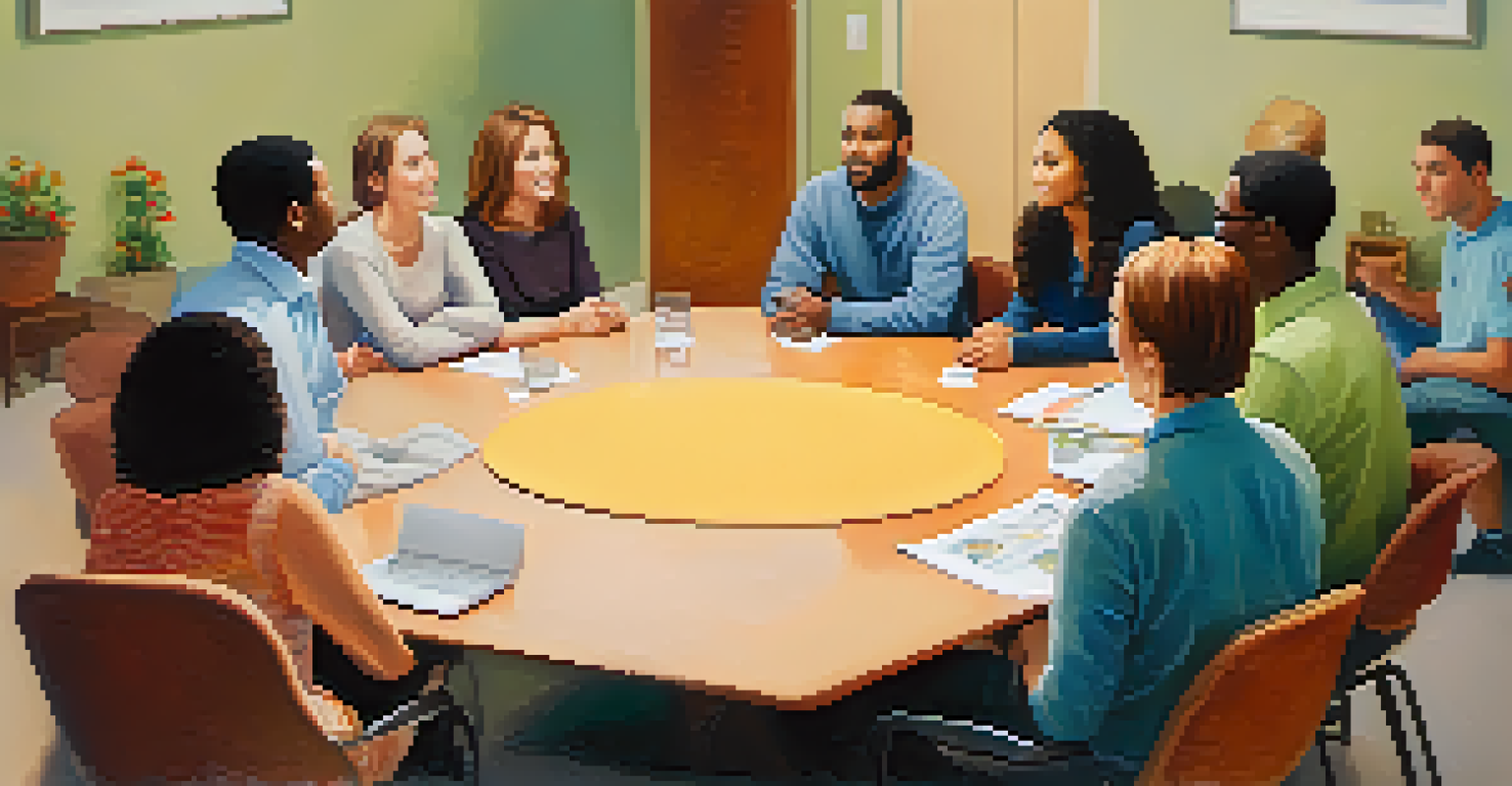 A diverse group of people sitting in a circle, discussing and supporting each other in a warm, inviting room.