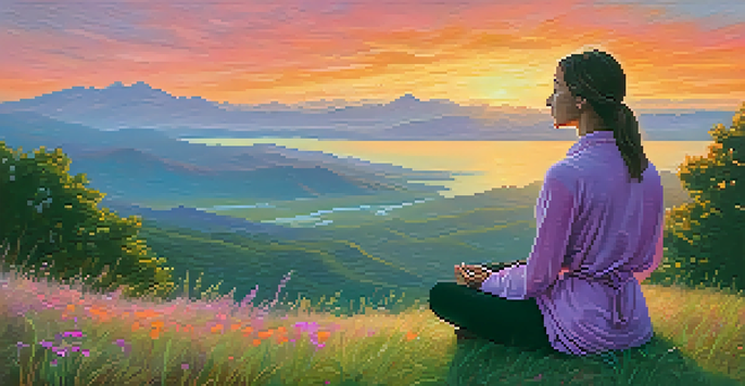A person meditating on a grassy hill at sunset, surrounded by colorful wildflowers and swaying grass.