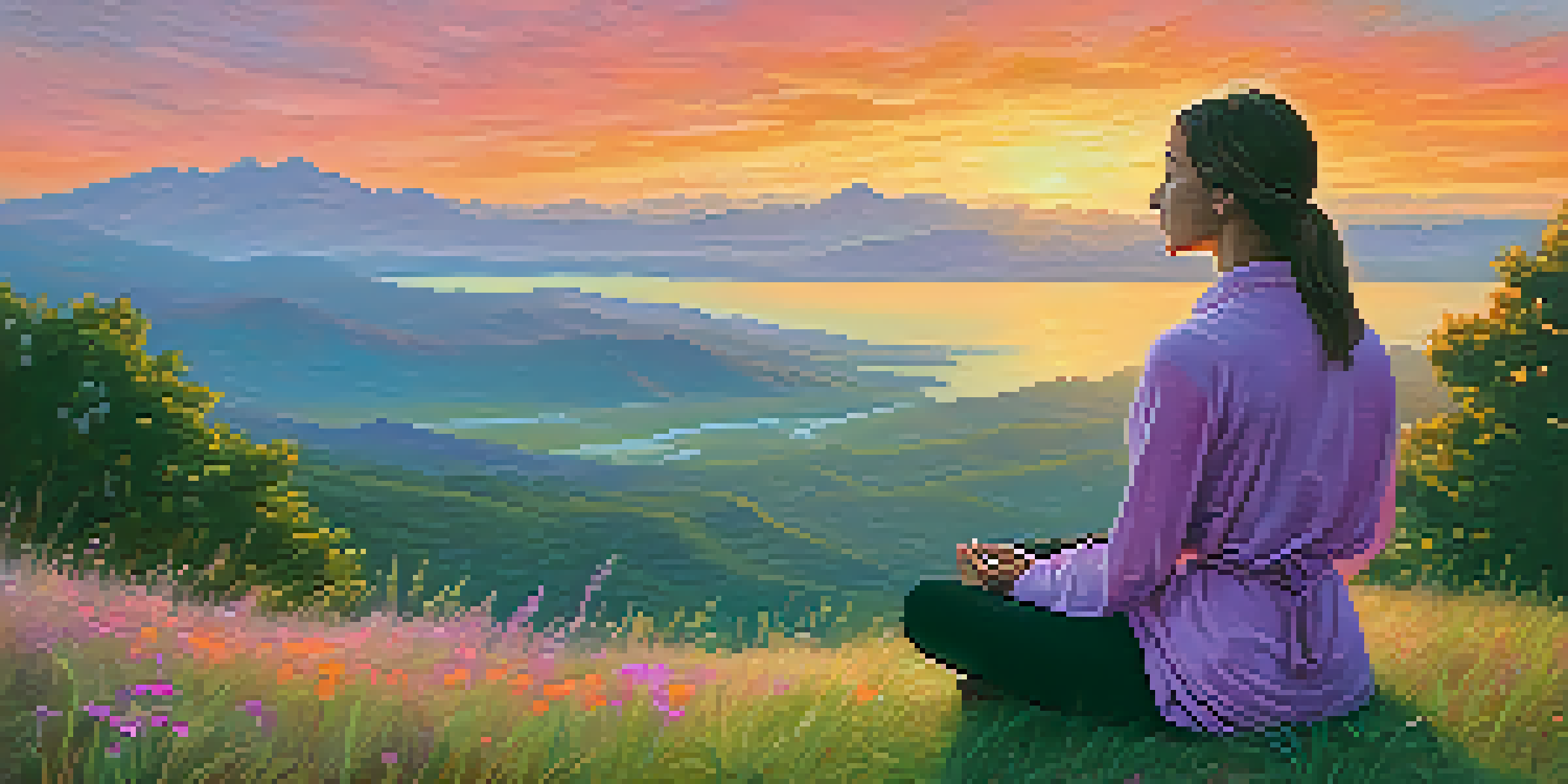 A person meditating on a grassy hill at sunset, surrounded by colorful wildflowers and swaying grass.