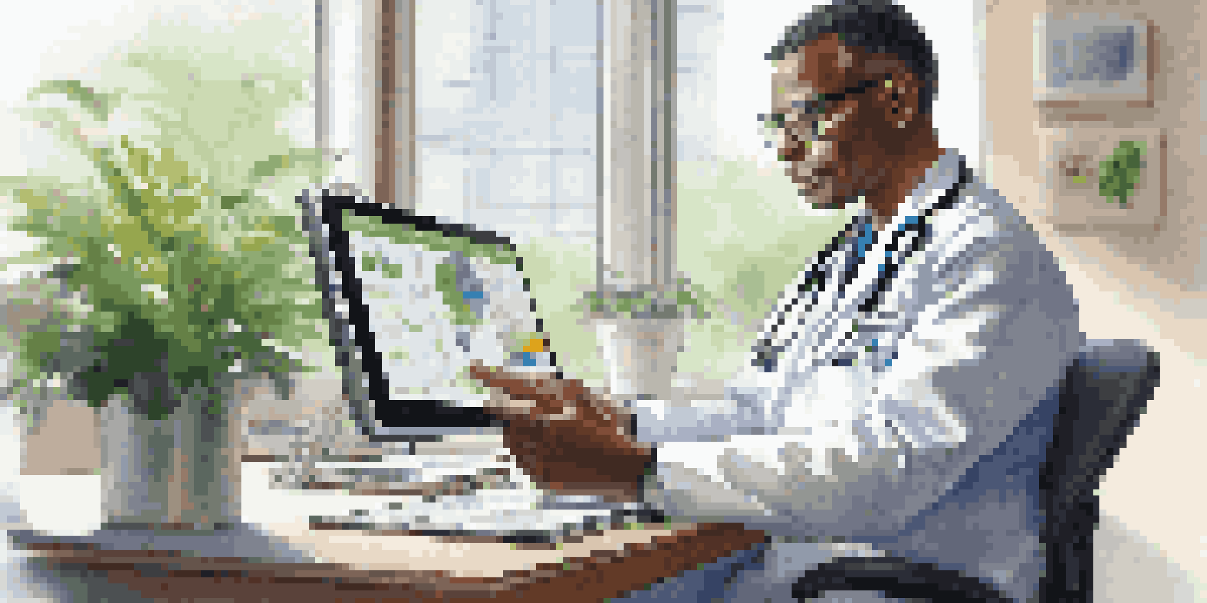 A healthcare provider examining an electronic health record on a tablet at a desk in a bright office, with medical charts and a plant in the background.
