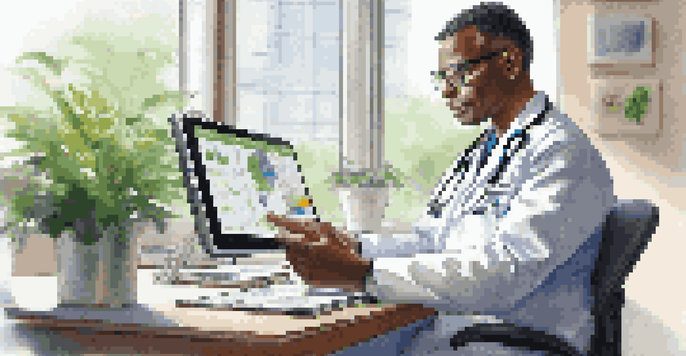 A healthcare provider examining an electronic health record on a tablet at a desk in a bright office, with medical charts and a plant in the background.