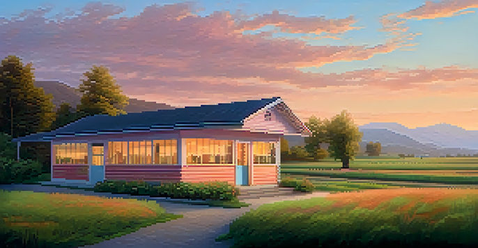 A rural healthcare clinic at dawn with patients arriving, surrounded by green fields and mountains.