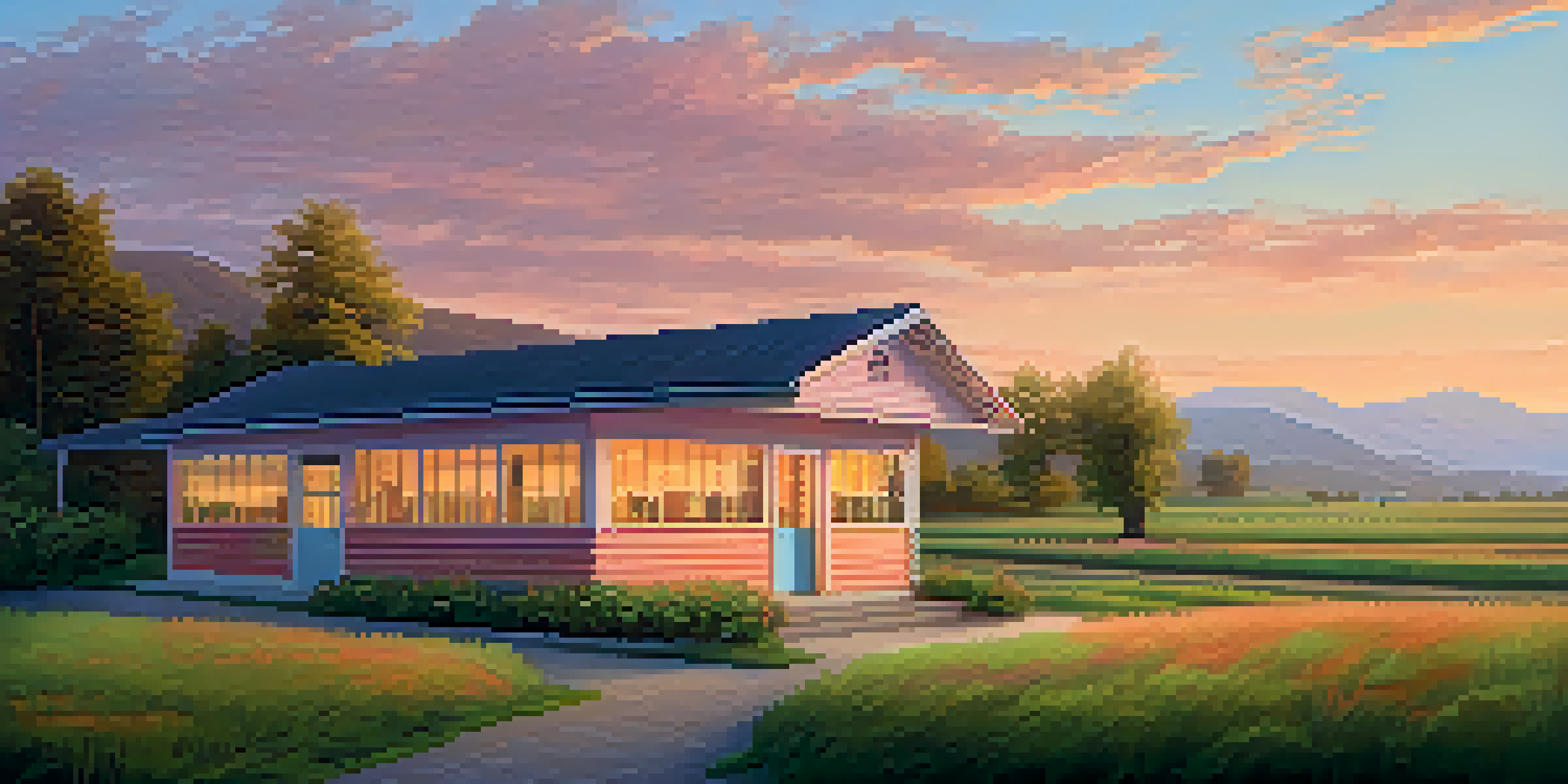 A rural healthcare clinic at dawn with patients arriving, surrounded by green fields and mountains.