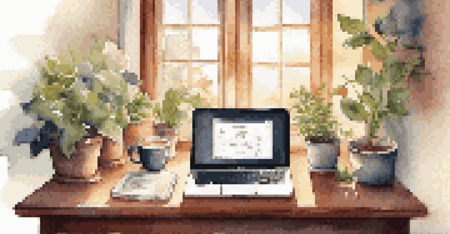 A home office with a laptop, tea, and a plant, bathed in soft sunlight.