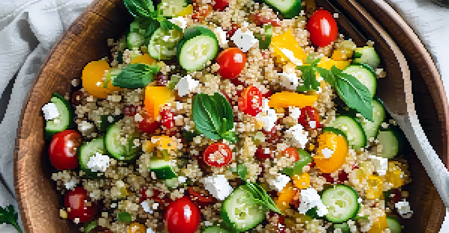 A colorful quinoa salad with vegetables and feta cheese in a white bowl on a wooden table, surrounded by fresh herbs.