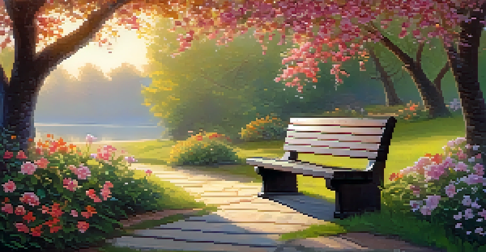 A beautiful garden at sunrise featuring colorful flowers, a wooden bench under a tree, and soft golden light illuminating the scene.