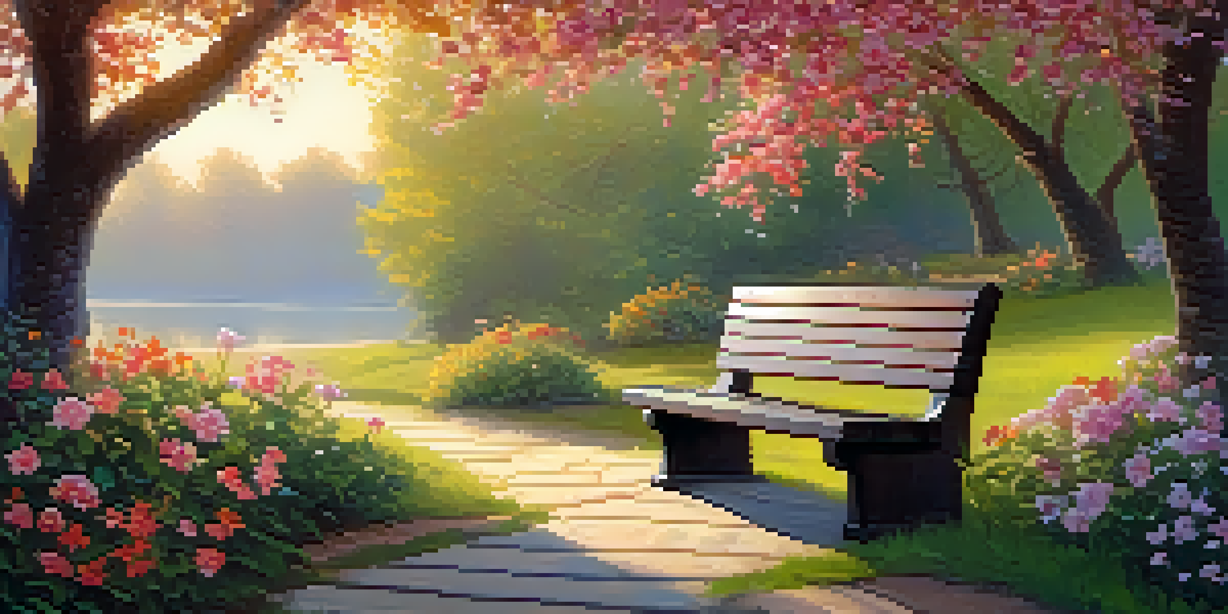 A beautiful garden at sunrise featuring colorful flowers, a wooden bench under a tree, and soft golden light illuminating the scene.