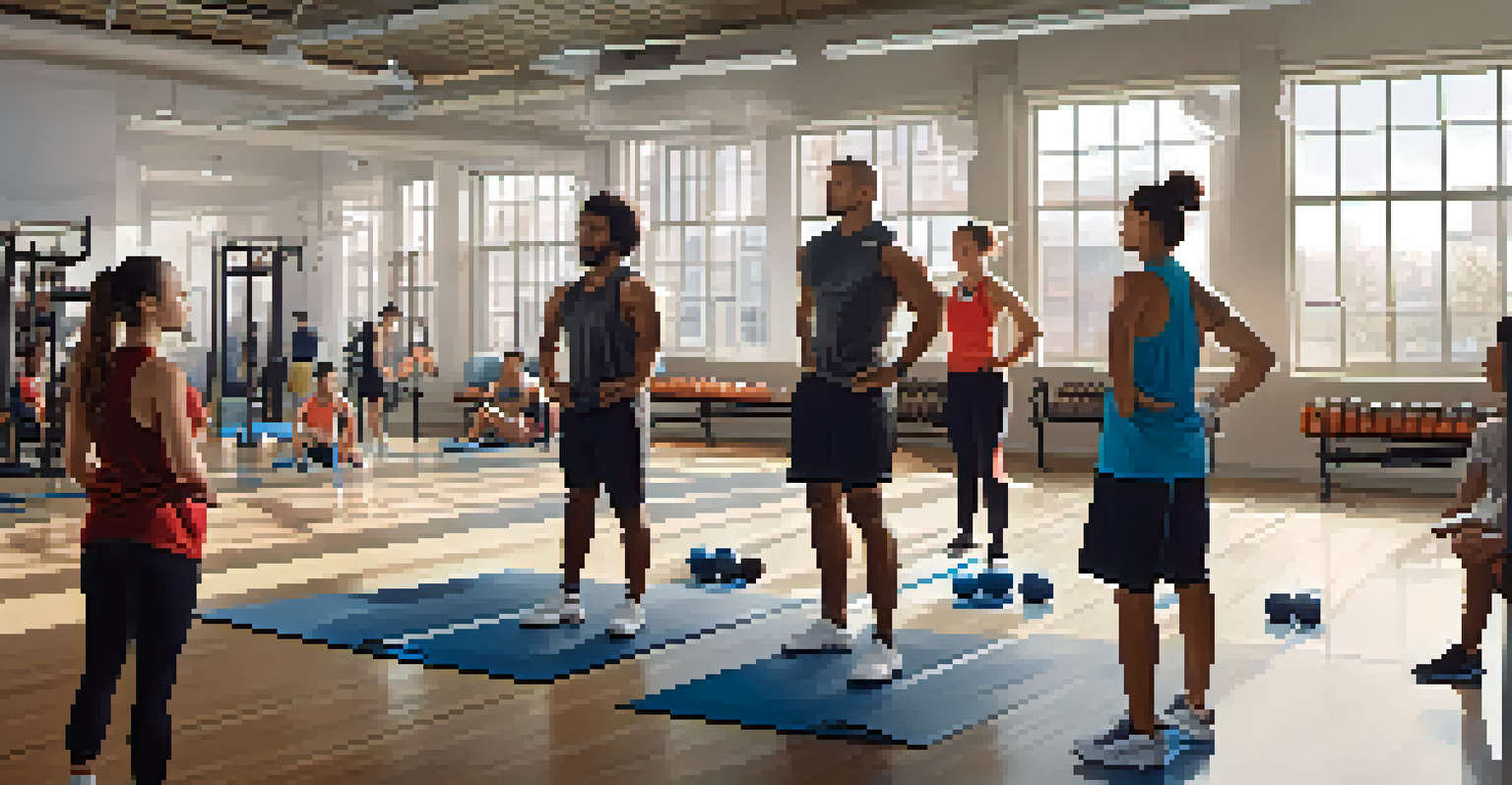 A coach demonstrating a warm-up routine to a team in a bright indoor gym, with athletes practicing various stretches.