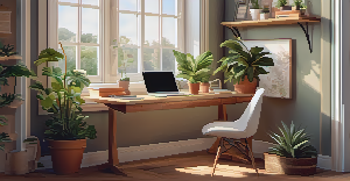 A cozy workspace with a desk, laptop showing motivational quotes, potted plants, and natural light from a window.