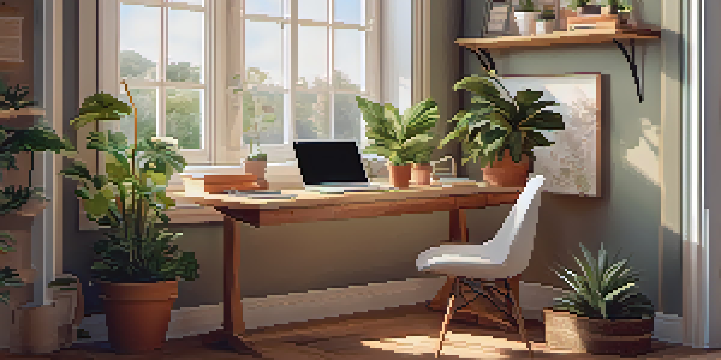 A cozy workspace with a desk, laptop showing motivational quotes, potted plants, and natural light from a window.