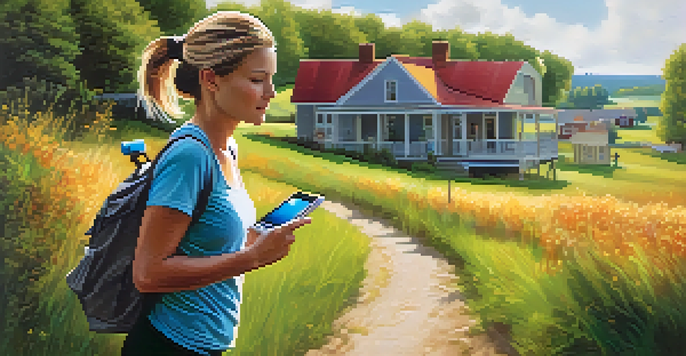 A woman walking in a rural area while using a wearable health device.