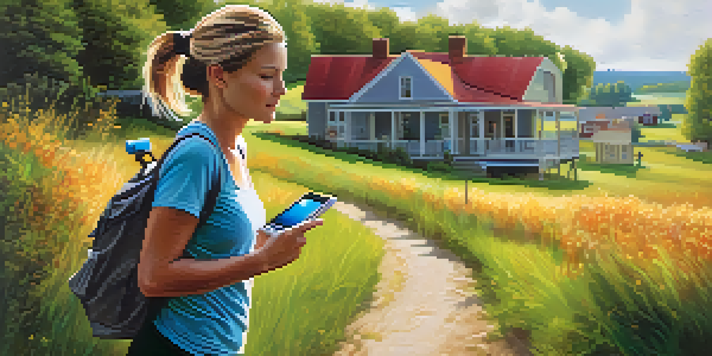 A woman walking in a rural area while using a wearable health device.