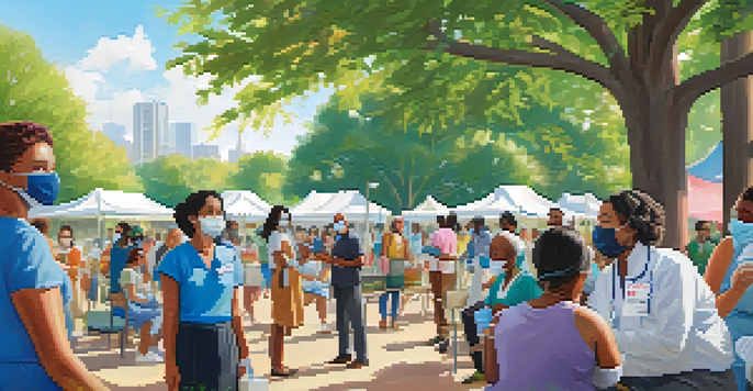 A community vaccination event in a sunny park with diverse individuals receiving vaccines from healthcare workers.