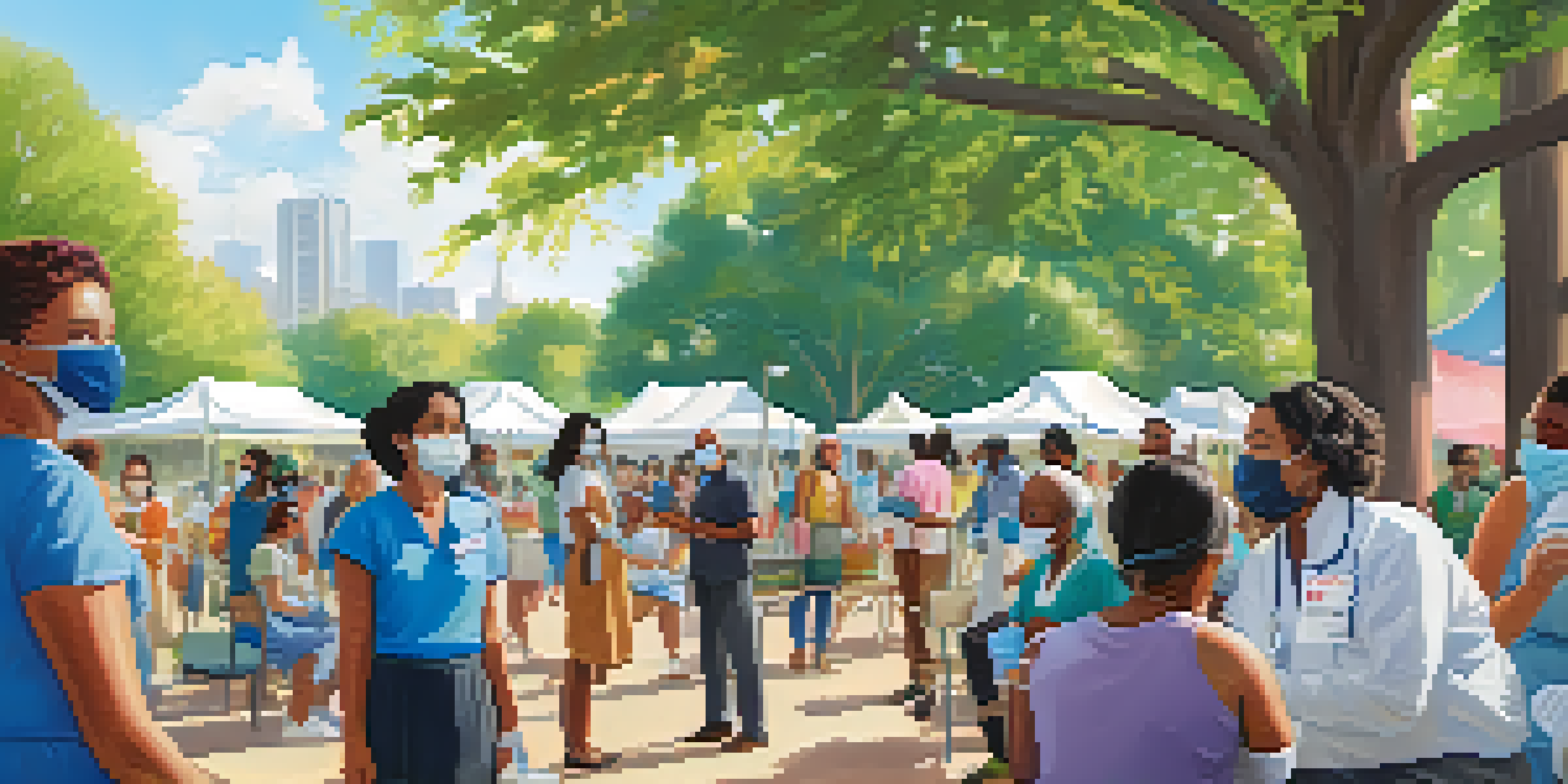 A community vaccination event in a sunny park with diverse individuals receiving vaccines from healthcare workers.