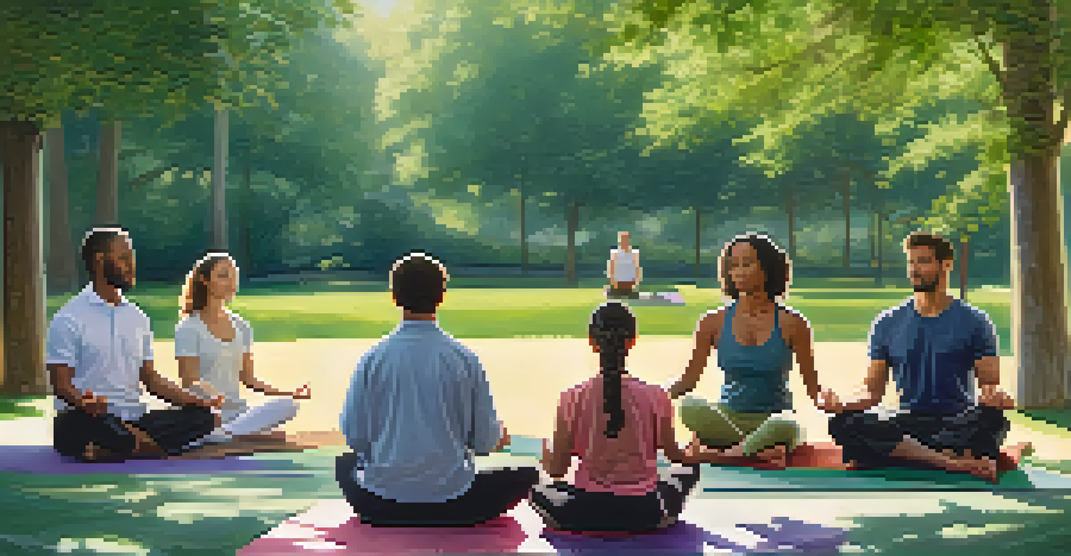 A health coach leading a mindfulness meditation session outdoors in a peaceful park filled with greenery.