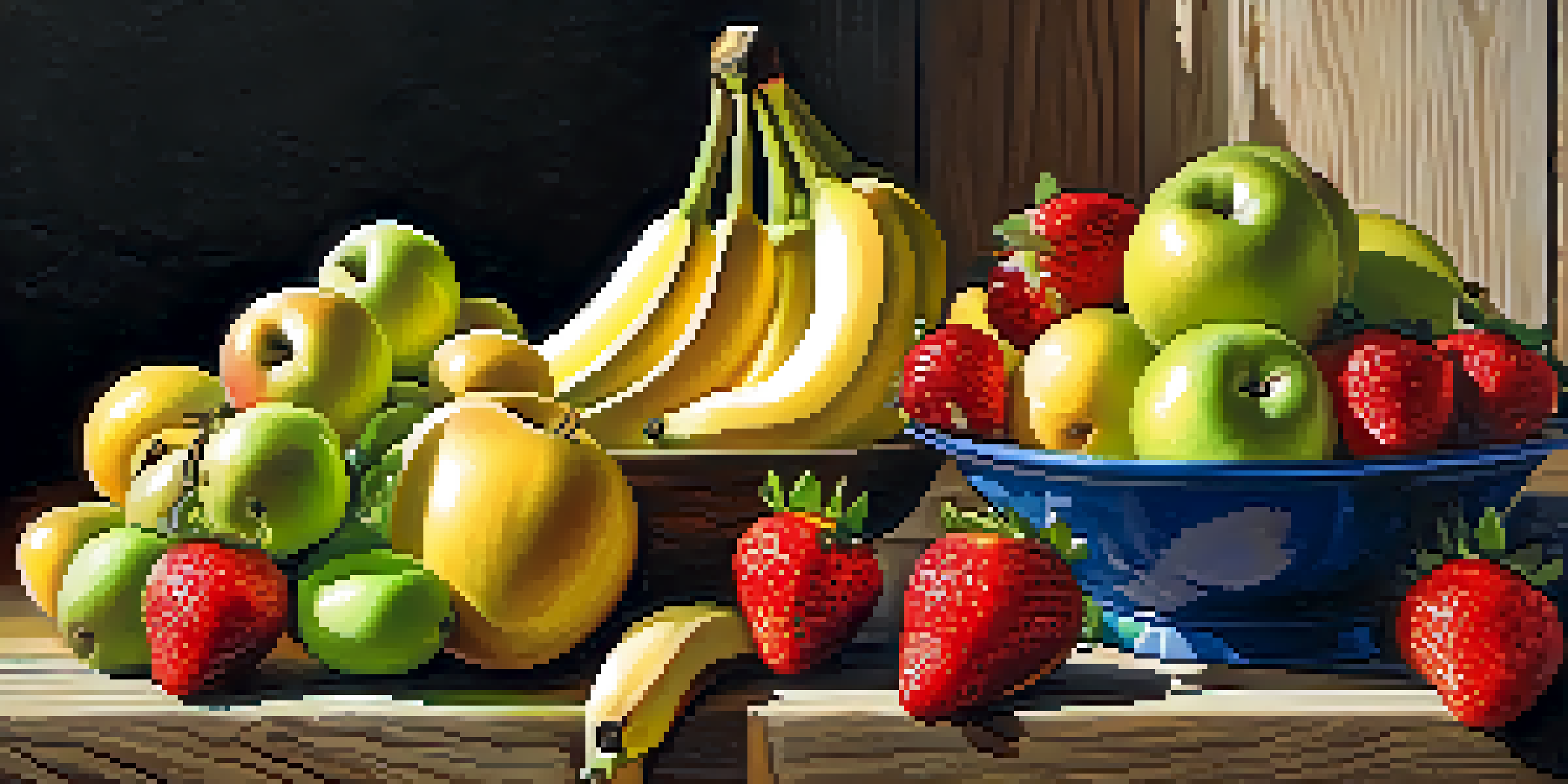A close-up of fresh fruits like strawberries, bananas, and apples on a wooden table, illuminated by natural light.