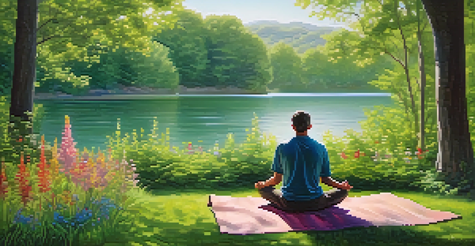 A man meditating in a peaceful park surrounded by nature, with soft morning light and a calm lake in the background.