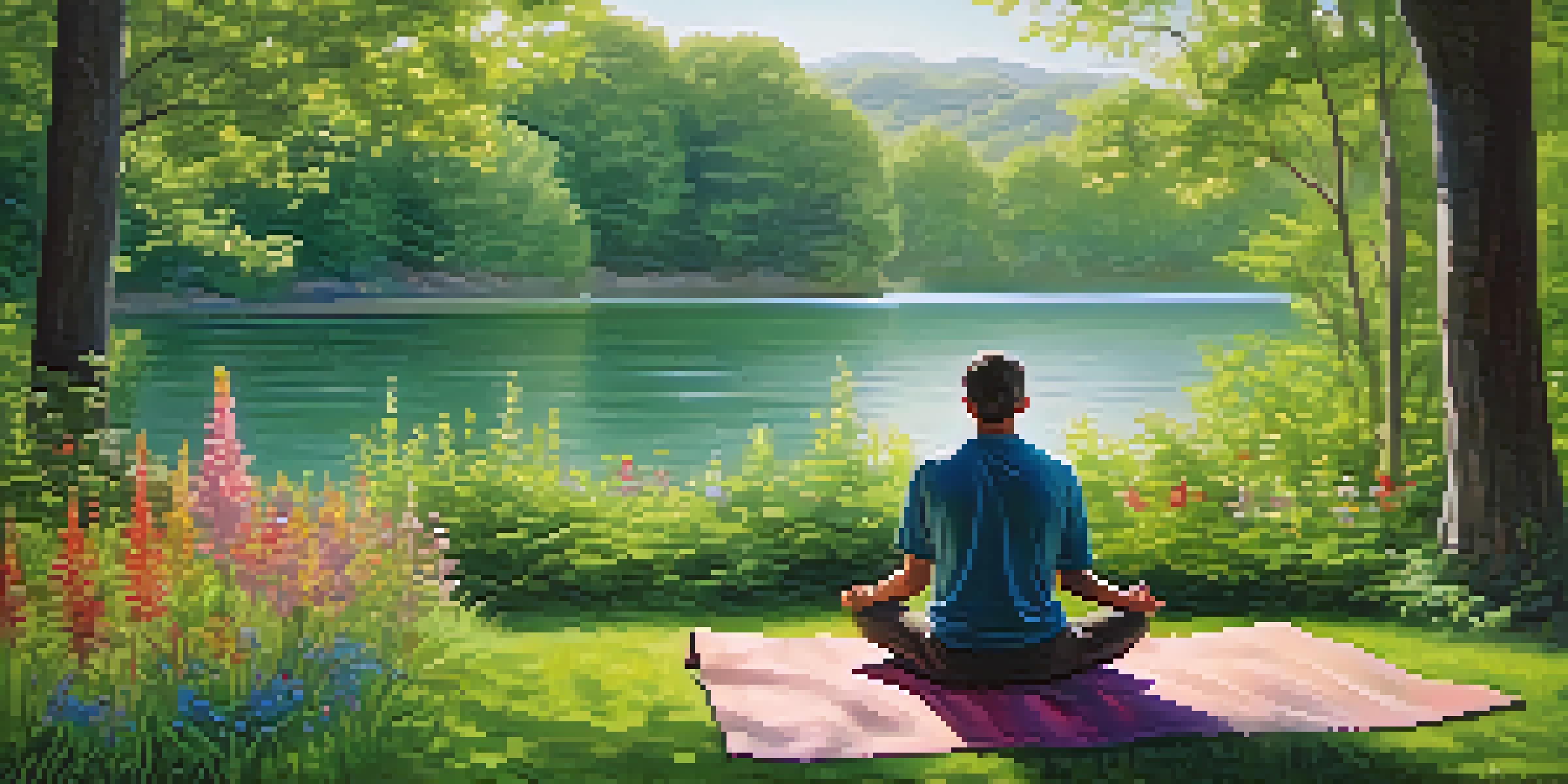 A man meditating in a peaceful park surrounded by nature, with soft morning light and a calm lake in the background.