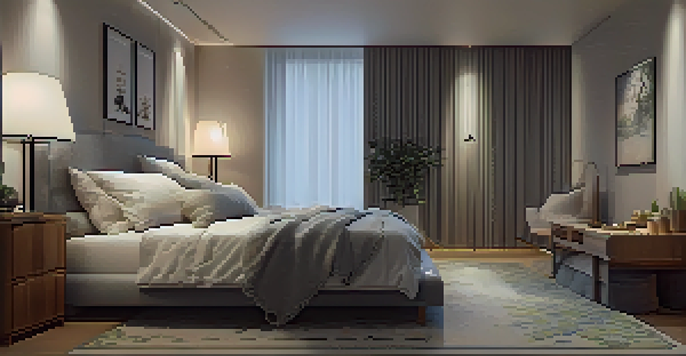 A peaceful bedroom with a neatly made bed, soft lighting, and calming decor, promoting relaxation and sleep.