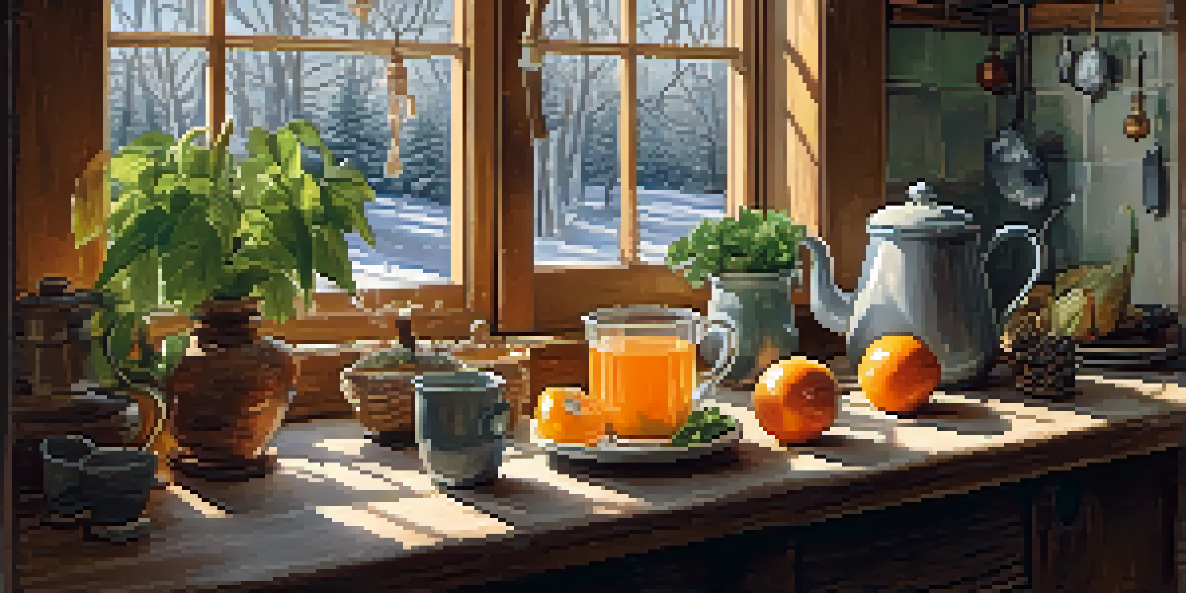 A warm kitchen scene with a mug of herbal tea and fresh fruits on a wooden table, illuminated by soft natural light.