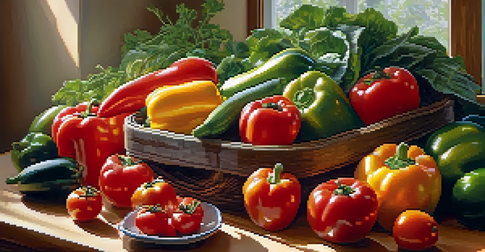 A bright kitchen with fresh fruits and vegetables on a wooden table, illuminated by sunlight.
