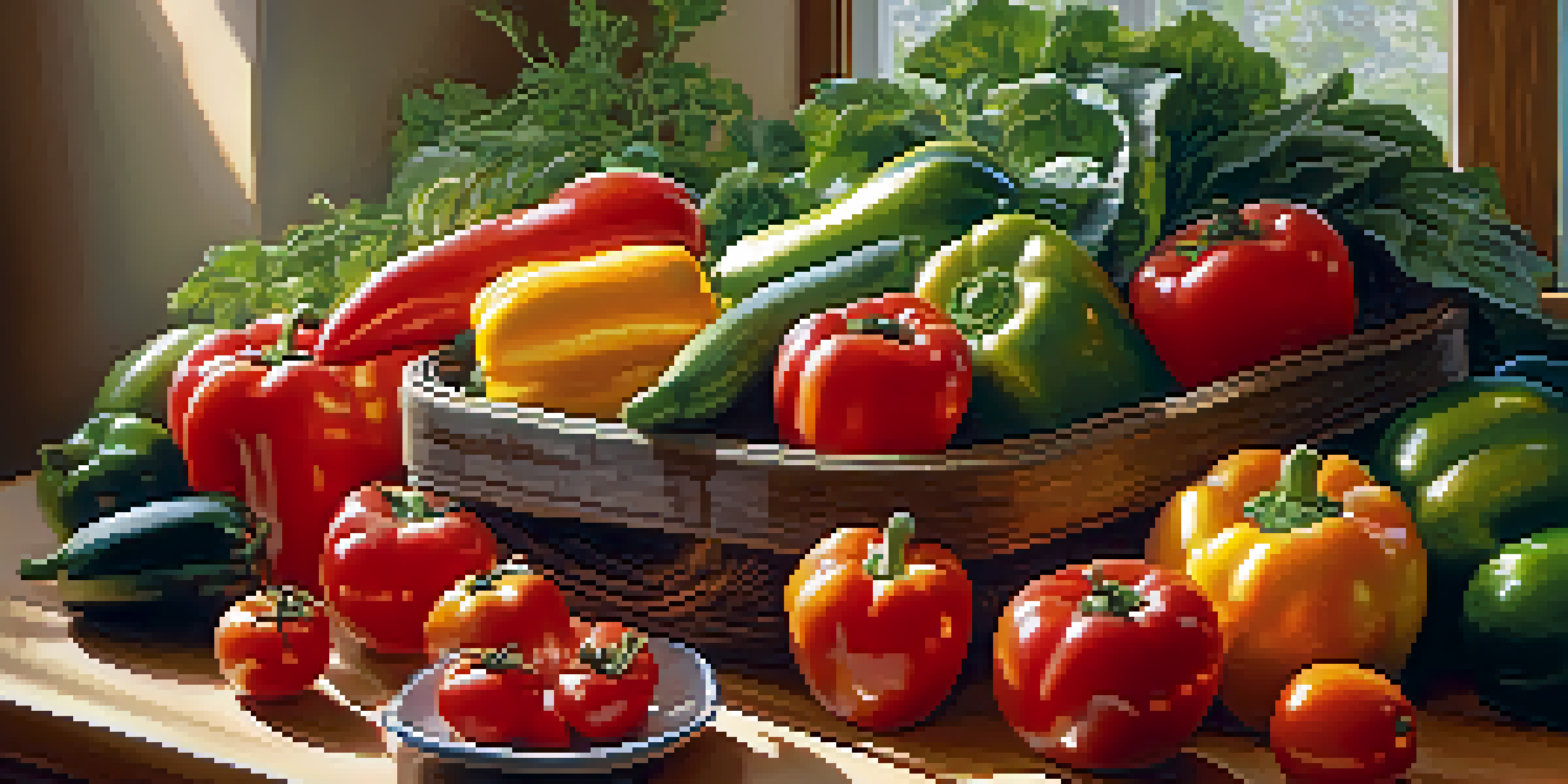 A bright kitchen with fresh fruits and vegetables on a wooden table, illuminated by sunlight.