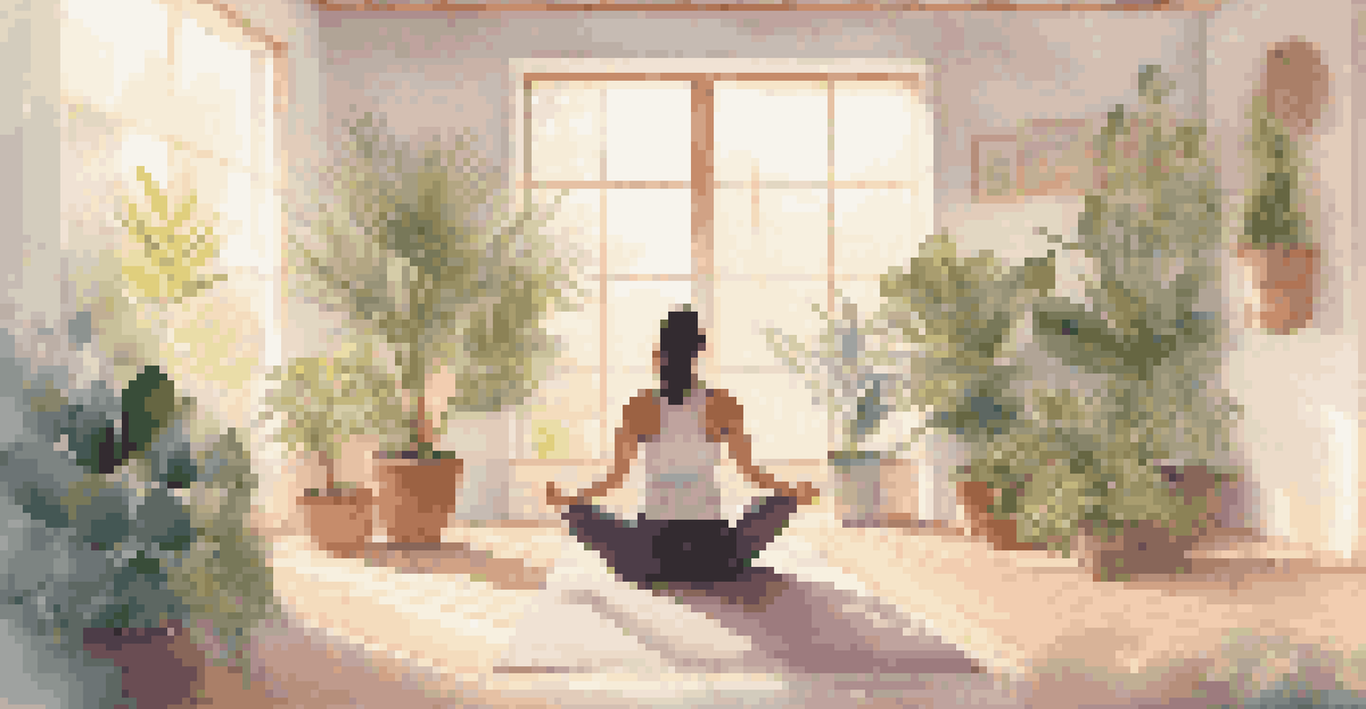 A woman practicing yoga in a serene, sunlit room filled with plants and soft pastel colors, embodying tranquility.