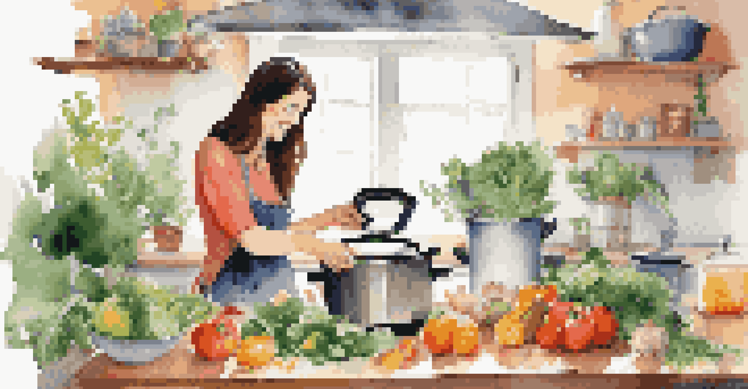 A woman happily using an instant pot in a colorful kitchen, surrounded by fresh ingredients while preparing a quick healthy meal.
