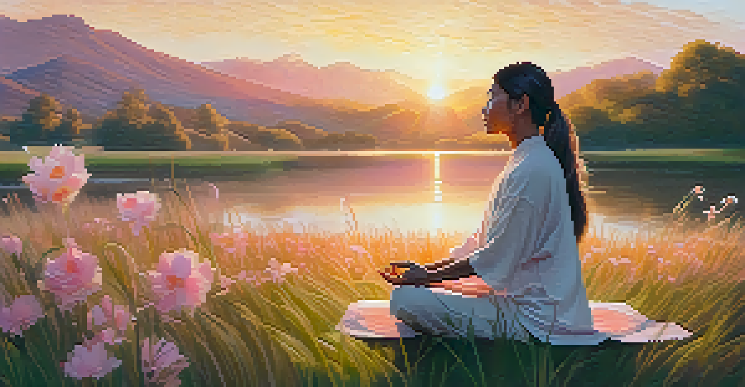 A person meditating peacefully in a tranquil outdoor setting, surrounded by nature at sunset.