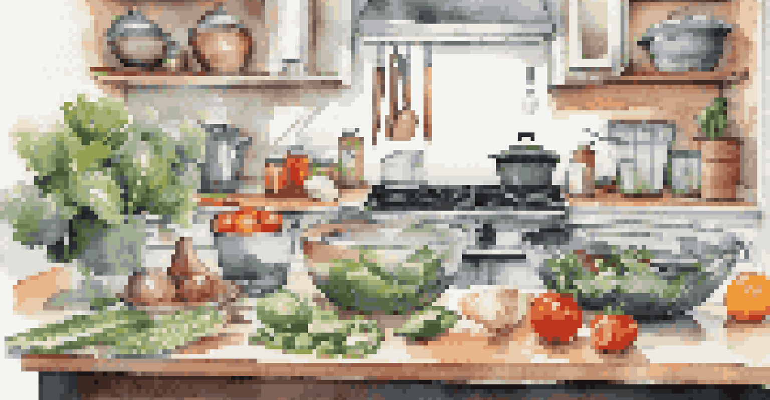 A kitchen countertop showcasing essential cooking tools like knives, measuring cups, and fresh produce for healthy cooking.