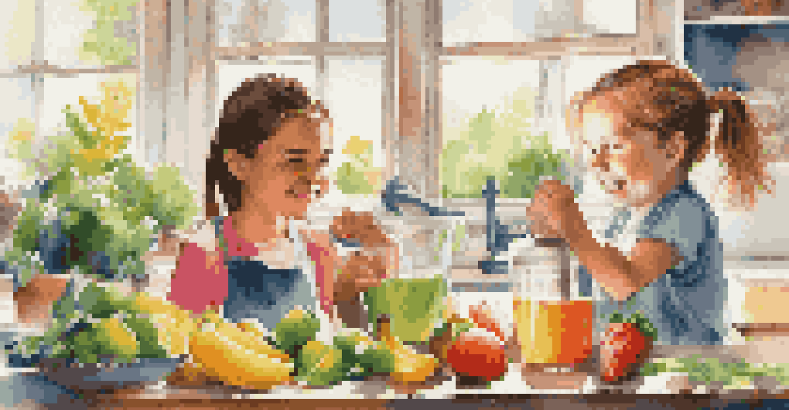 A young boy and girl happily preparing a colorful smoothie in a bright kitchen.