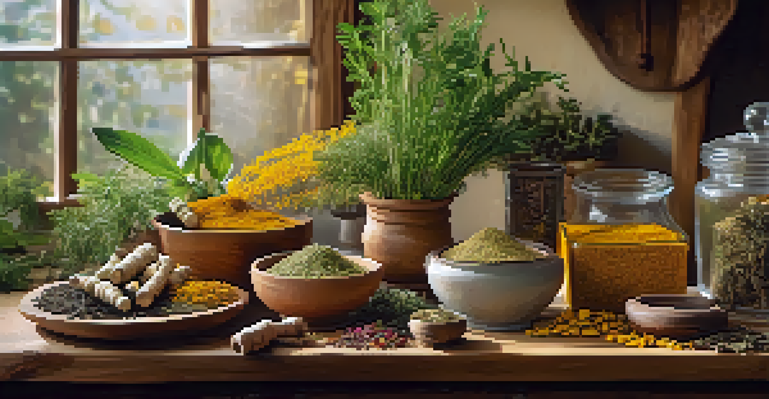 An assortment of herbal remedies and a cup of herbal tea on a wooden table.