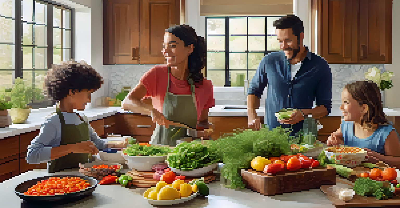 A family in a bright kitchen preparing a modern salad with traditional ingredients, smiling and enjoying the cooking process.