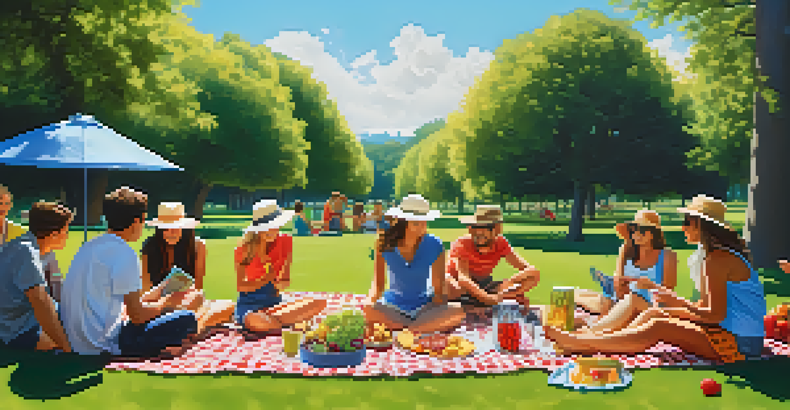 A group of friends having a picnic in a sunny park, wearing hats and applying sunscreen, with healthy snacks around them.
