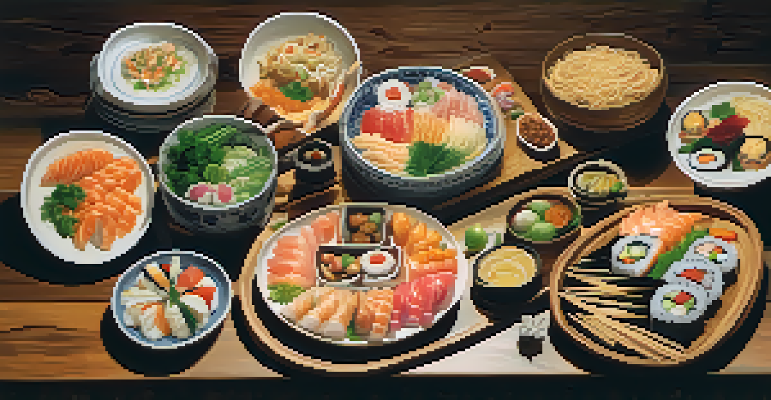 An artistic display of international dishes on a wooden table, highlighting diverse cuisines and cultural elements.