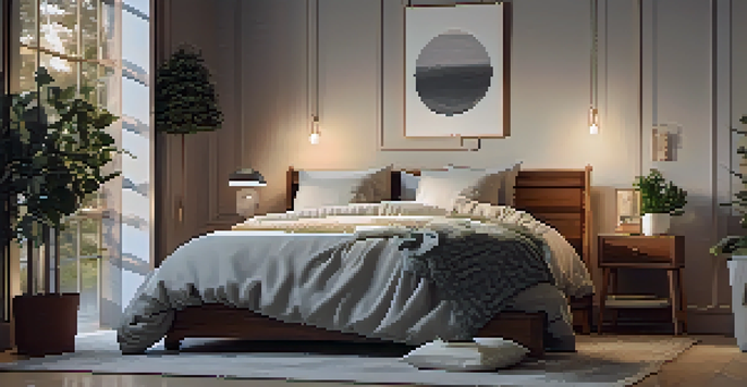 A peaceful bedroom with a neatly made bed, warm lighting, and a calming ambiance, perfect for promoting restful sleep.