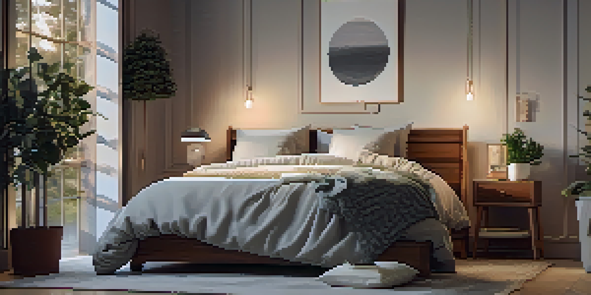 A peaceful bedroom with a neatly made bed, warm lighting, and a calming ambiance, perfect for promoting restful sleep.