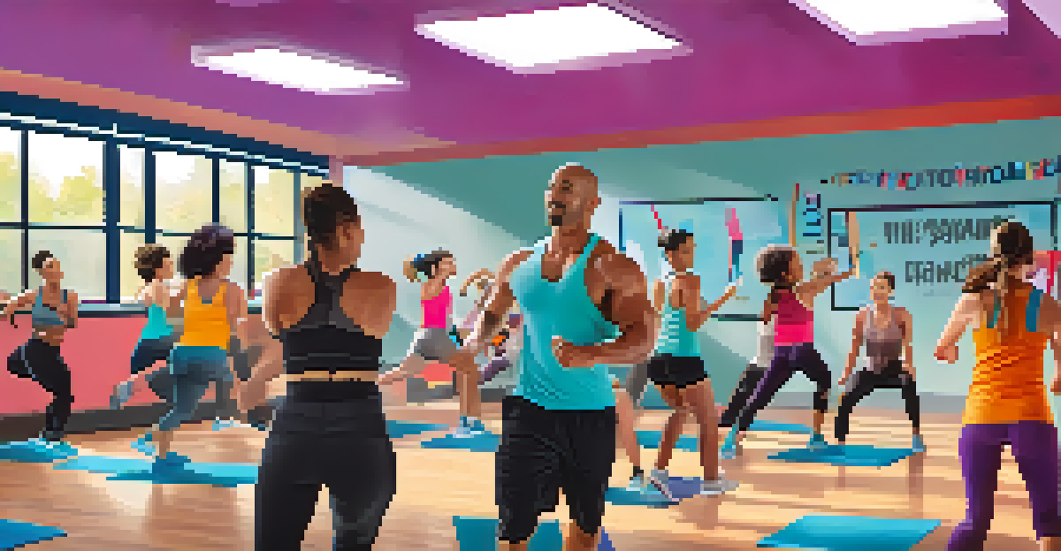 A lively group fitness class in a gym with diverse participants and an enthusiastic instructor.