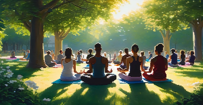 A diverse group of individuals meditating together in a park, surrounded by greenery and flowers, with sunlight filtering through the trees.